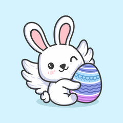 Obraz premium Cute Bunny Holding Easter Egg Illustration for Icon, sticker and other uses, hand drawn vector style