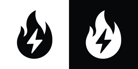 High-energy power icon featuring a lightning bolt inside a fire flame. Represents fast charging, fuel efficiency, thermal energy, and electrical power. Clean black and white vector design. © bibin