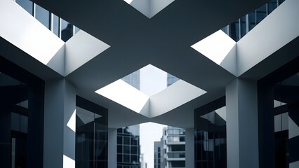 Fototapeta premium Modern architectural interior with geometric skylights and city view