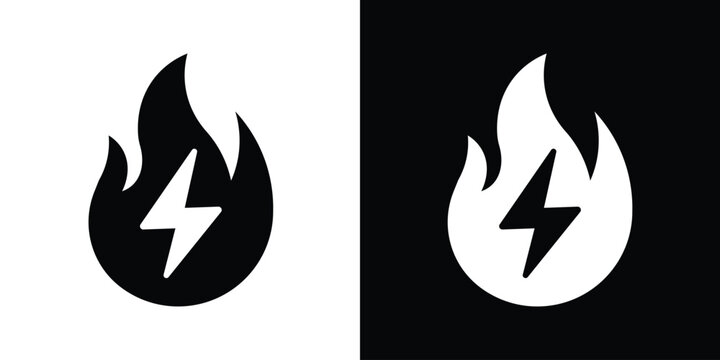 High-energy power icon featuring a lightning bolt inside a fire flame. Represents fast charging, fuel efficiency, thermal energy, and electrical power. Clean black and white vector design.