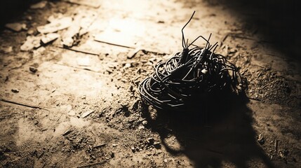 Fototapeta premium A tangled mess of disconnected power cords and wires piled on a dusty, textured floor creating a chaotic scene symbolizing disuse and neglect