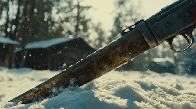 A tarnished Mosin Nagant rifle bayonet protrudes from a snow covered winter landscape with trees and a rustic building in the background