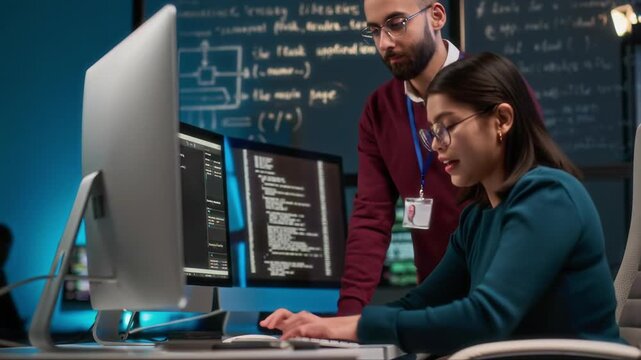 Young Middle Eastern programmer helping his biracial female colleague to correct mistake while coding in office late in evening