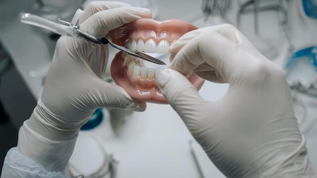 Gloved hands hold a full denture with tools in a dental setting