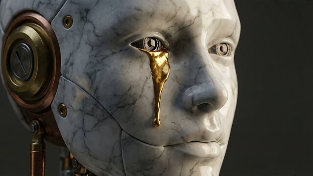 Robot female face with marble texture and gold tear. Artificial intelligence sorrow concept. Emotional machine android for science fiction.