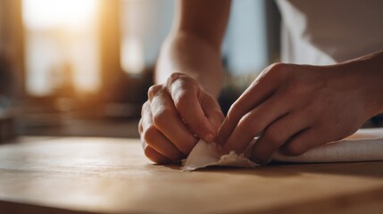 Obraz premium Close-up of hands gently folding a linen cloth on a wooden kitchen countertop, capturing a serene moment in culinary preparation.