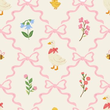 Cute seamless pattern with bows, flowers and goose. Spring summer print. Vintage illustration for fabric, wallpaper or wrapping paper.
