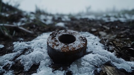 A tarnished steel canteen stopper resting on frosted ground in a foggy outdoor environment