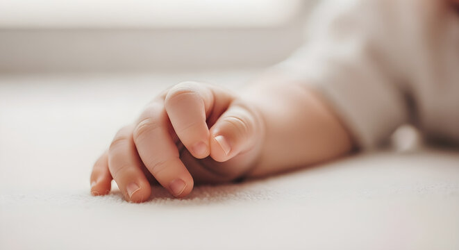 Close-up of a Newborn Baby's Hand, Delicate Fingers Curled Gently on a Soft Surface, Symbolizing Innocence and New Beginnings