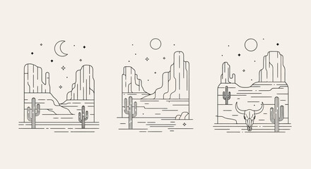 Obraz premium Minimalist Desert Landscapes with Cacti and Mountains under the Moon and Sun
