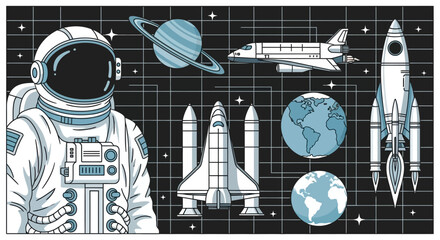 Astronaut in Space with Spaceships, Planets, and Earth Illustration © Elsa