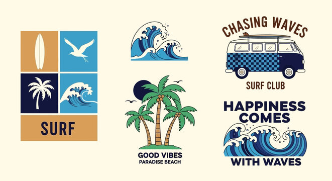 Surfing Lifestyle Graphics: Waves, Palms, Surfboard, Van and Birds Collection