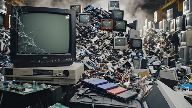 E-Waste Mountain - A large pile of discarded electronics, including old televisions, circuit boards, and tangled wires, dominates the scene.