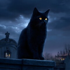 Creepy black cat sitting on gravestone &ndash; spooky Halloween atmosphere