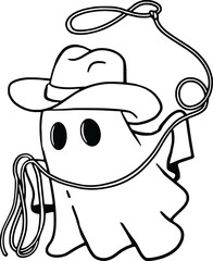 Fototapeta premium Cute Ghost Cowboy with Lasso Hand Drawn, Vintage Western Halloween Vector Illustration