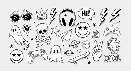 Cool Doodle Stickers: Ghosts, Skulls, Planets, Games, and More Vector Icons