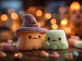 Spooky Halloween sweets &ndash; realistic candy characters on wooden table