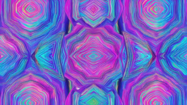 Symmetrical, kaleidoscopic, abstract art in vibrant jewel tones. Wavy lines and geometric shapes