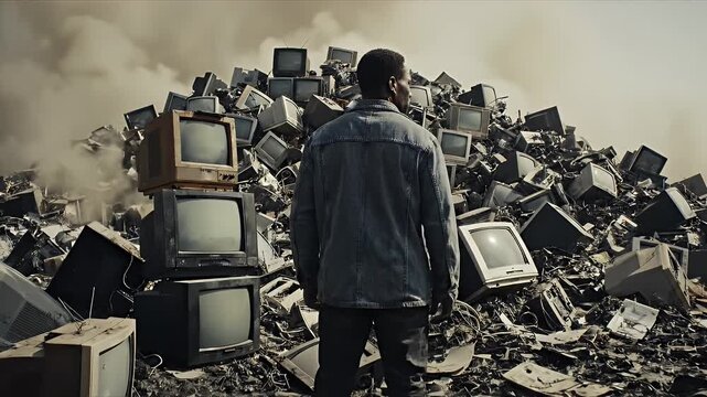 Electronic Waste Mountain with Observer - A man stands before a massive pile of discarded, old-fashioned television sets.