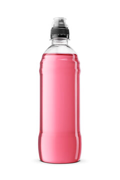 A single clear plastic bottle filled with an isotonic sports drink, isolated. Transparent PNG image.