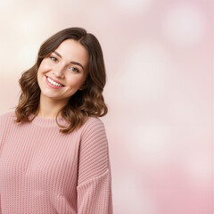 Fototapeta premium Young woman with a warm smile and wavy brown hair wearing a pink sweater
