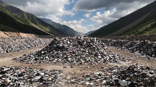 E-Waste Landfill in Mountains - A large pile of discarded electronics and e-waste sits in a landfill surrounded by mountains, under a cloudy sky.