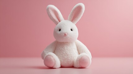 Obraz premium A white bunny toy rests on a pink surface. The bunny has large ears and a soft body. It looks friendly and inviting making it a nice decoration for a child's room.