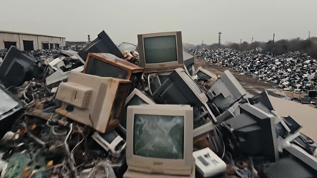 Electronic Waste Dump - A large pile of discarded CRT monitors and electronic components sits in a landfill, showcasing electronic waste and environmental pollution.