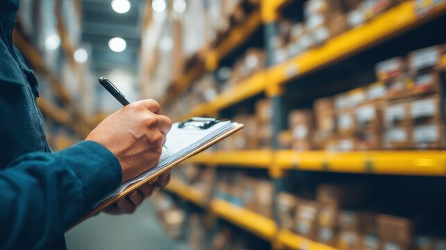 Worker's hand holding clipboard and pen against yellow warehouse racking and storage background