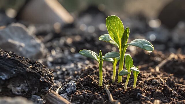 Seedlings Emerging from Soil - Several small green seedlings are sprouting from dark soil, with a water droplet glistening on one of the leaves.