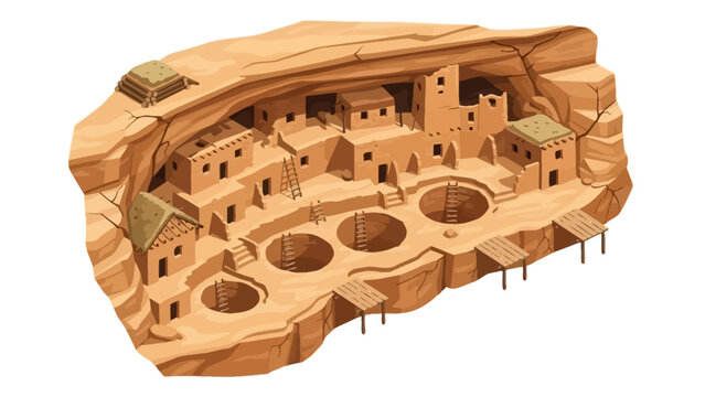 Ancient cliff dwellings carved into rock with circular kivas and adobe structures.