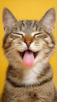 Cute Happy Cat Sticking Tongue Out with Closed Eyes on Plain Yellow Background