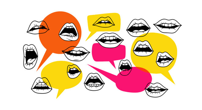 Collage of Diverse Mouths Expressing Speech in Colorful Speech Bubbles