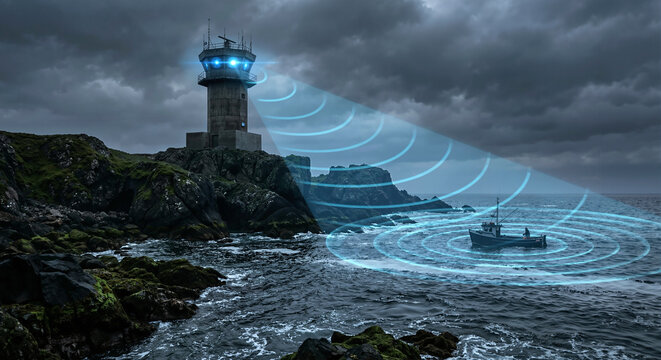 Digital lighthouse using blue sonar waves to guide a small fishing boat through a storm in the ocean at dusk