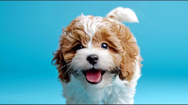 Playful Puppy Runs Around a Clean Studio With Bright Blue Backdrop Showing Energy and Joy