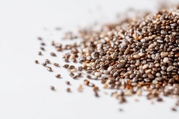 Macro photograph of chia seeds scattered on a white background