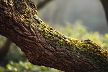 Fototapeta premium Macro photograph of rugged oak bark with moss on a branch