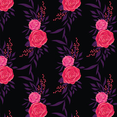  pink and red roses with deep purple leaves and small berries,  vibrant teal background