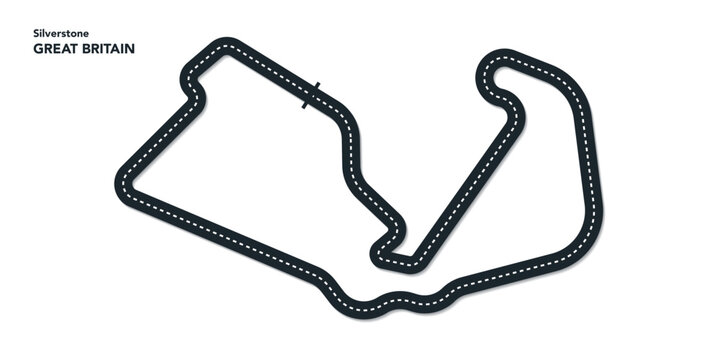 F1 Great britain Grand Prix, Silverstone Circuit Vector for Moto GP, Autosport, Wavy road with curves and speed path. Top view of race track. vector illustration isolated transparent background.	