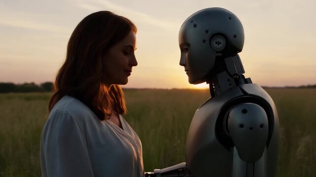 Woman and humanoid robot facing each other in a field at sunset