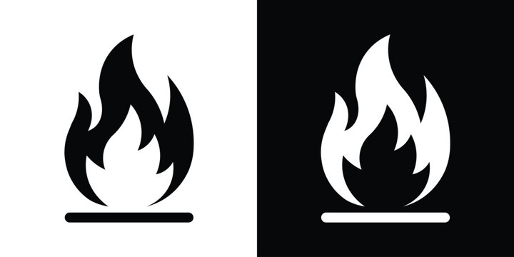 Fire flame icon symbol in black and white styles. Vector illustration representing heat, burn, flammable, or hot trends. Minimalist graphic for safety labels, heating, or creative design.