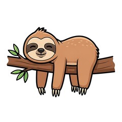 Obraz premium Cartoon Sloth Sleeping on Tree Branch.