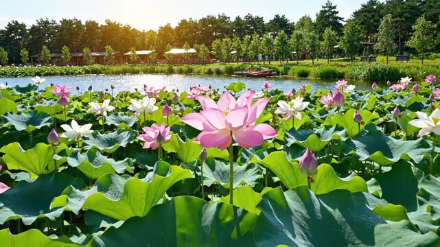 A stunning panoramic view captures a serene pond adorned with vibrant pink and pure white lotus flowers, interspersed with their broad, verdant leaves. The tranquil water reflects the bright sunlight,