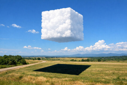 Floating cube cloud casting shadow over rural landscape