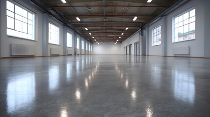 Fototapeta premium Vast empty industrial hall interior with large bright and a gleaming polished concrete floor reflecting overhead lighting