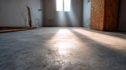 Obraz premium Rays of sunlight stream across a bare concrete floor in an unfinished room casting dramatic shadows and evoking a sense of potential