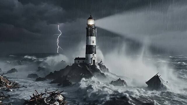 Lighthouse in a Stormy Sea - A lighthouse stands tall on a rocky outcrop amidst a violent storm, with waves crashing and lightning flashing.