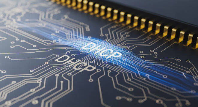 DHCP (Dynamic Host Configuration Protocol) network concept glowing on a futuristic circuit board. Digital data transmission, IP allocation, server, and internet technology background.