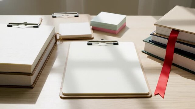 A Detailed Overhead Shot of a Wooden Desk Featuring Two Clipboards Stacked Books with a Red Ribbon and Sticky Notes Illuminated by Soft Natural Light Creating a Focused and Organized Atmosphere