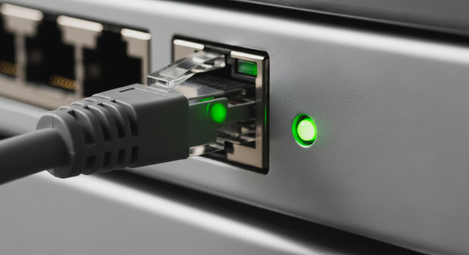 Macro shot of an Ethernet cable (RJ45) connected to a network switch port, showing bright green indicator LEDs symbolizing active internet connection, high-speed data, and IT infrastructure status.